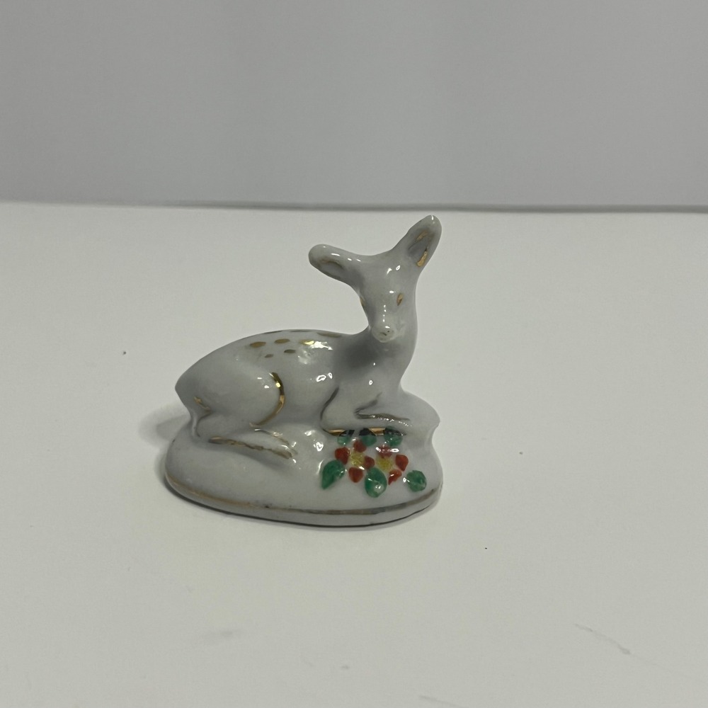 Vintage Miniature Porcelain Deer Figurine Japan Hand Painted Gold Gilt Fawn 1.5"